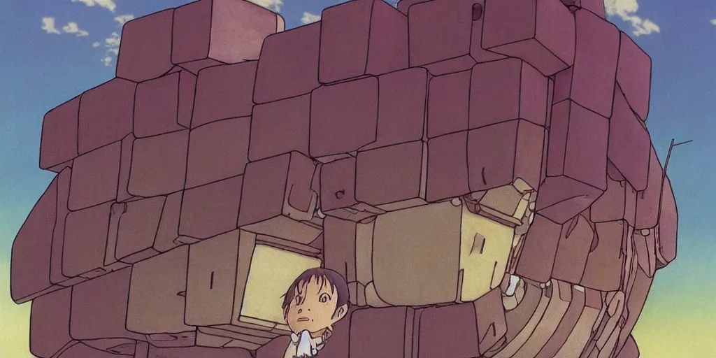 Image similar to a realistic cell - shaded studio ghibli concept art from howl's moving castle ( 2 0 0 4 ) of a floating cube from close encounters of the third kind ( 1 9 7 7 ). very dull colors, hd, 4 k, hq