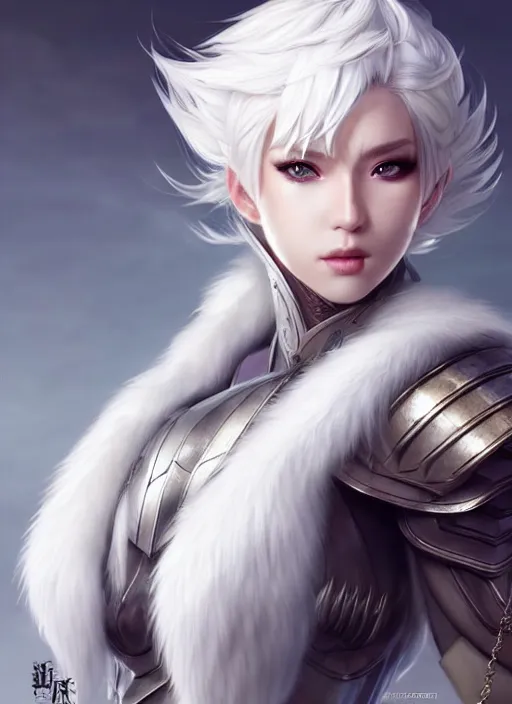 Image similar to fur - lined armor!!! beautiful and elegant white haired female!! gorgeous ayes!! character concept art, sharp focus, octane render! unreal engine 5! highly rendered!! trending on artstation!! detailed linework!! illustration by artgerm, wlop, and chie yoshii