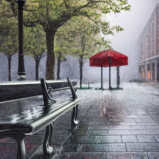 Prompt: beautiful 8 k realistic illustration of an empty bench at the side of the street in the pouring rain, spring, detailed, 4 k resolution, dynamic lighting, beautiful coloring and glossy shadows