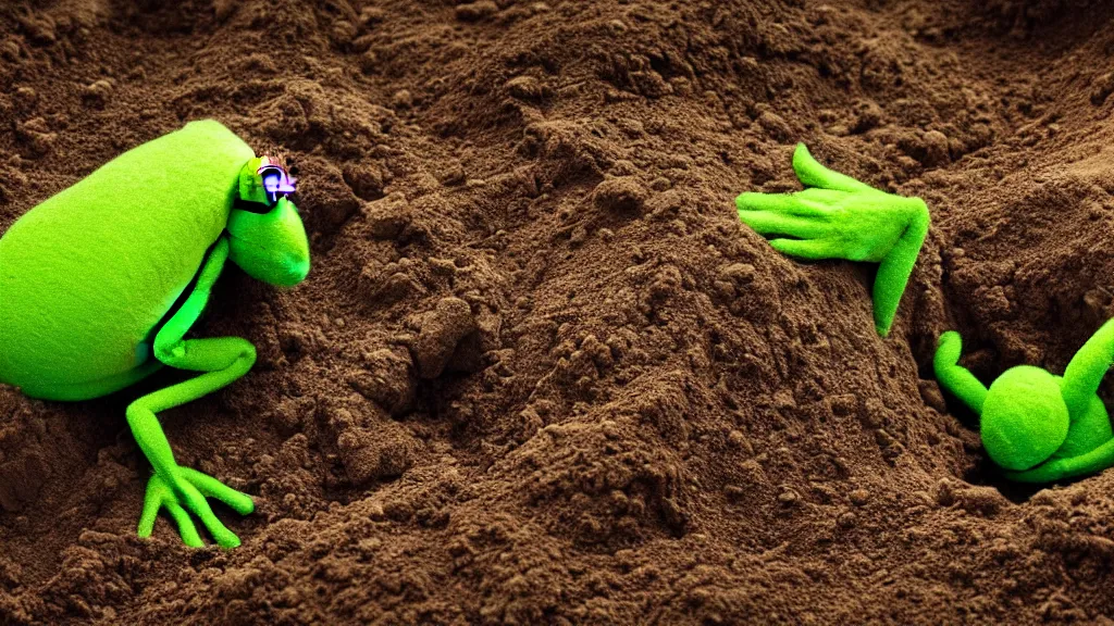 Prompt: A highly photographic render of Kermit the frog digging a grave, rim lighting, cinematic lighting, octane engine, photo realistic image, 4K, super detailed, cinematic look