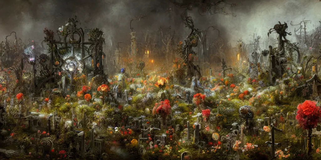 Prompt: 'Life from death' An aesthetic horror landscape painting depicting 'A crystalline graveyard with plants and flowers growing all over it, birds and insects flying all around it' by Rembrandt, Trending on cgsociety artstation, 8k, masterpiece, cinematic lighting, highly detailed, vibrant colors.