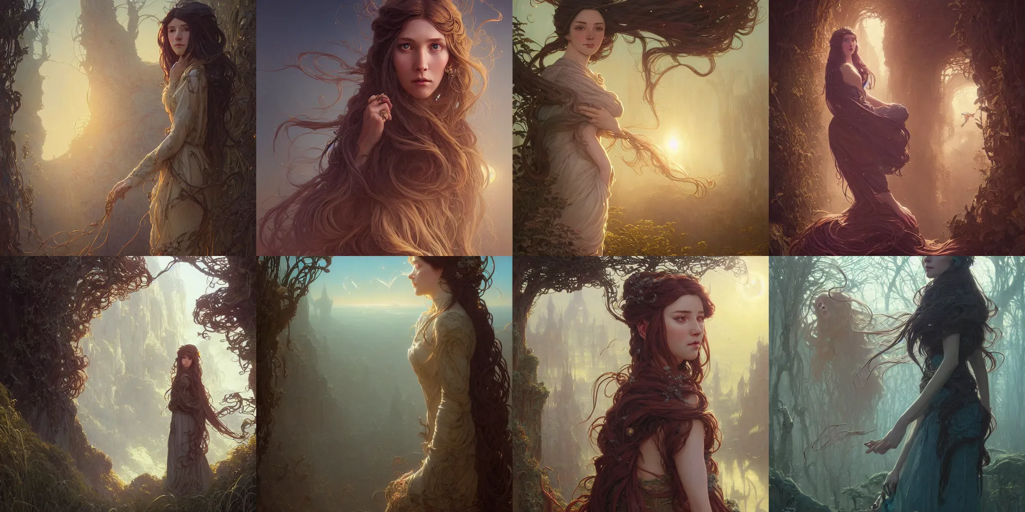 Image similar to highly detailed portrait of a woman with long hairs, stephen bliss, unreal engine, fantasy art by greg rutkowski, art nouveau, loish, rhads, ferdinand knab, makoto shinkai and lois van baarle, ilya kuvshinov, rossdraws, tom bagshaw, alphonse mucha, global illumination, radiant light, detailed and intricate environment