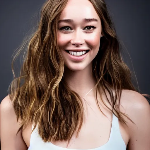 Prompt: alycia debnam carey smiling and standing while posing for a photo, award winning photography, hdr, studio lighting, dynamic pose, medium close shot, shot on canon eos r 5, f / 2. 5,