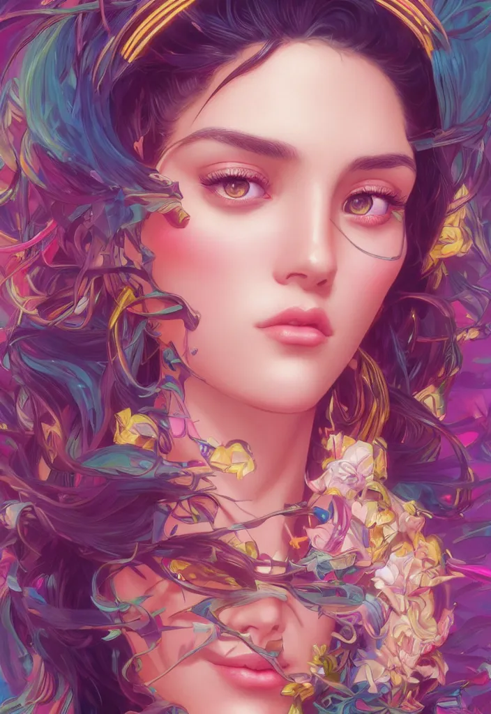 Image similar to beautiful, young woman, detailed gorgeous face, vaporwave aesthetic, synthwave, colorful, psychedelic, artstation, concept art, smooth, extremely sharp detail, finely tuned detail, ultra high definition, 8 k, unreal engine 5, ultra sharp focus, illustration, art by artgerm and greg rutkowski and alphonse mucha