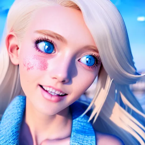 Prompt: beautiful hyperrealism selfie of a cute 3 d anime young woman smiling smugly, long light platinum blonde hair, flushed face, heart - shaped face, cute freckles, light blue eyes, golden hour, 8 k, instagram