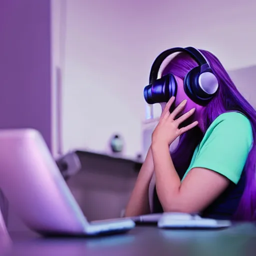 Image similar to beautiful purple - haired female sleeping at desk on computer, wearing headphones, by beeple in hyper realistic action still