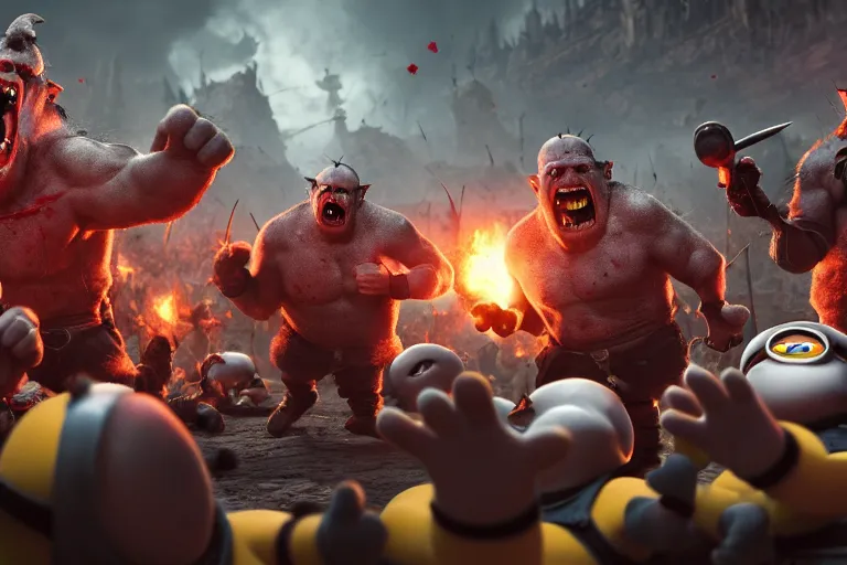 Prompt: a group of minions fighting a group of orcs, setting is bliss wallpaper, realistic, 4 k, detailed, atmospheric, cinematic lighting, octane render, unreal engine render, ray tracing lighting