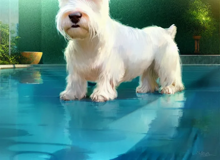 Image similar to west highland white terrier sitting by a pool, bright, reflections, intricate, sharp focus, lens flare, bloom, illustration, highly detailed, digital painting, concept art, matte, art by ruan jia and wlop and greg rutkowski, masterpiece