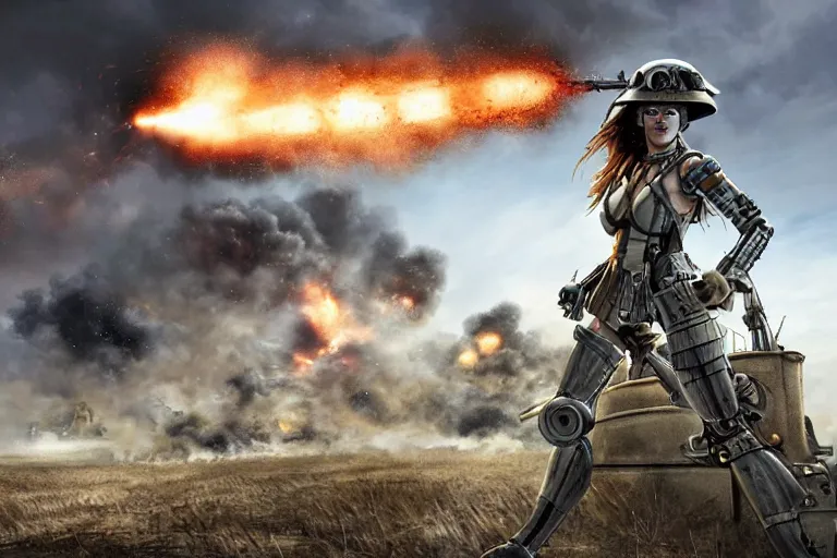 Image similar to an epic view of a cyborg woman fighting a wwi tank, on a battlefield, smoke, fires, distant explosions, in the style of masamune shirow, cinematic, hyper - realistic, highly detailed digital art