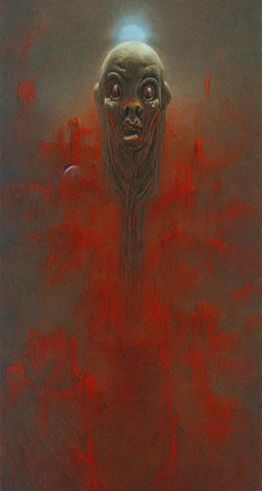 Image similar to Painting in a style of Beksinski featuring a giant alien crying. Pain and suffering in the background