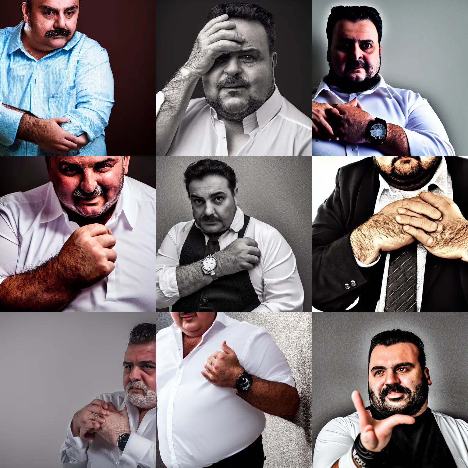 Prompt: a midage italian male, overweight, beardless, wearing a watch, wearing white shirt, hair gel combed backwards, mafia, pistol on his hand, full body picture, cinematic, photography, 4 k