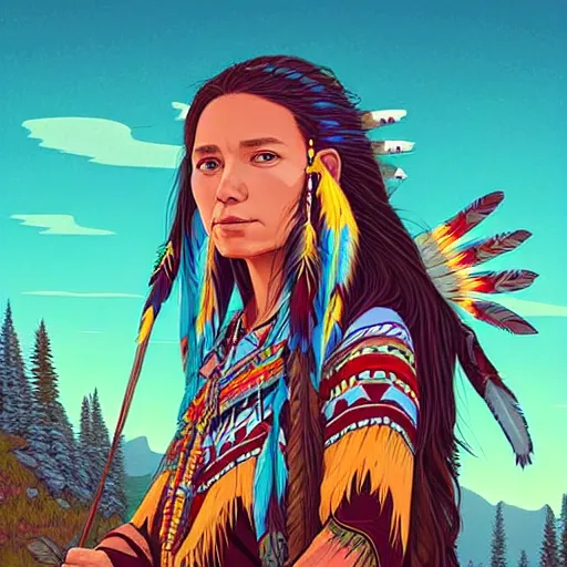 Image similar to ethereal native american princess in the mountains, extremely detailed, sharp focus, wide view, full body shot, smooth, digital illustration, by lisa perrin!!!!, dan mumford, james jean, by rossdraws, frank franzzeta, sakimichan