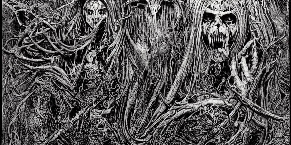 Image similar to Darkthrone themed drawing of unholy darkness black metal logo concept, intricate artwork by Christophe Szpajdel, H.R. Giger, Johnatan Wayshak, Zdizslaw Beksinski, Ayami Kojima, Amano, Karol Bak, Moebius, and Mark Brooks, Neo-Gothic, gothic, rich deep colors, art by Takato Yamamoto, masterpiece, face by Artgerm, very coherent artwork, cinematic, hyper realism, high detail, octane render, unreal engine, 8k, High contrast, golden ratio, trending on cgsociety