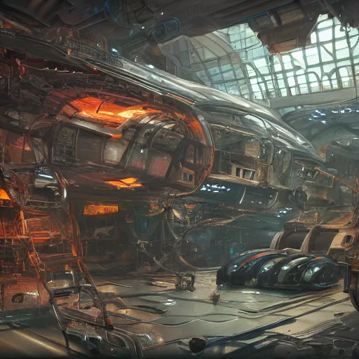 Prompt: the inside of a futuristic mechanic spaceshop coc, highly detailed interior, scrap metal on workbenches, half - finished robot, holographic screen in center frame by peter mohrbacher, trending on artstation, cryengine render, 8 k