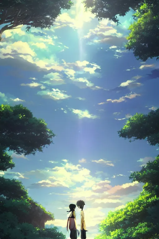 Image similar to fantasy romance movie poster by makoto shinkai, visually stunning, beautiful lighting