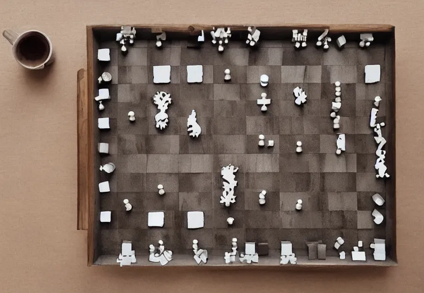 Image similar to “table with a game of thrones style map, with chess pieces in the shape of soldiers moving on it, 4k, 3D, view from the side”