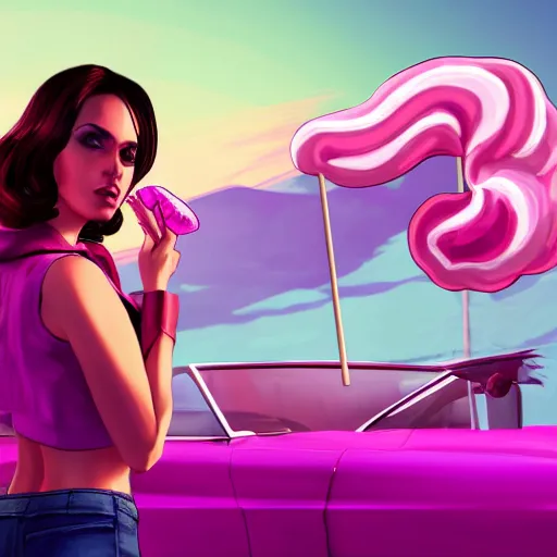 Image similar to a stunning GTA V loading screen with a beautiful woman with ombre hairstyle in purple and pink blowing in the wind licking a lollipop, digital art, trending on artstation