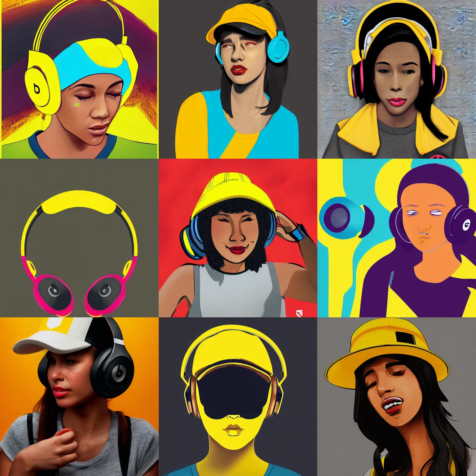 Prompt: a woman wearing beats by dre headphones and a yellow hat, poster art by mac conner, trending on artstation, shock art, poster art, digital illustration, artwork