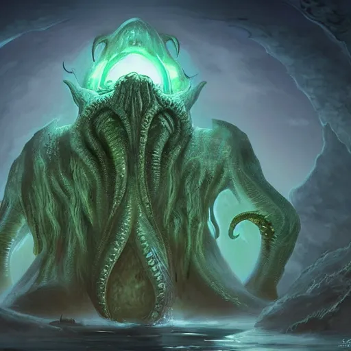 Image similar to human looking at big monstrosity of Cthulhu, chibi style, artstation, cgsociety, by WASU_ART