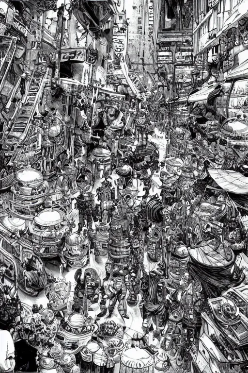 Prompt: The world's most intricate and detailed drawing of a futuristic market day, by Kim Jung GI. HD.