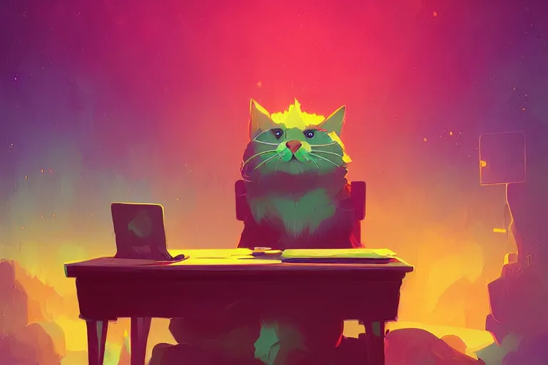 Prompt: a digital art of a godfather cat sitting by the desk, animal, light effect, highly detailed, by anton fadeev