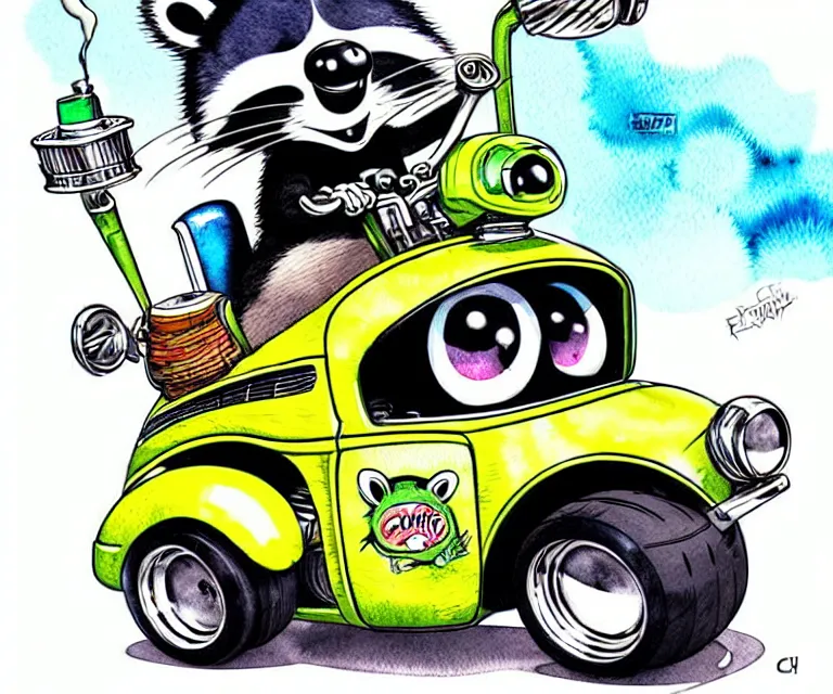 Image similar to cute and funny, racoon wearing a helmet riding in a tiny hot rod with oversized engine, ratfink style by ed roth, centered award winning watercolor pen illustration, isometric illustration by chihiro iwasaki, edited by range murata