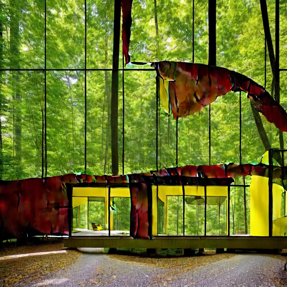 Prompt: a gravel road leading to a mid-century modern house with large windows in a forest, designed by Frank Gehry. Big tiles. Film grain, cinematic, yellow hue