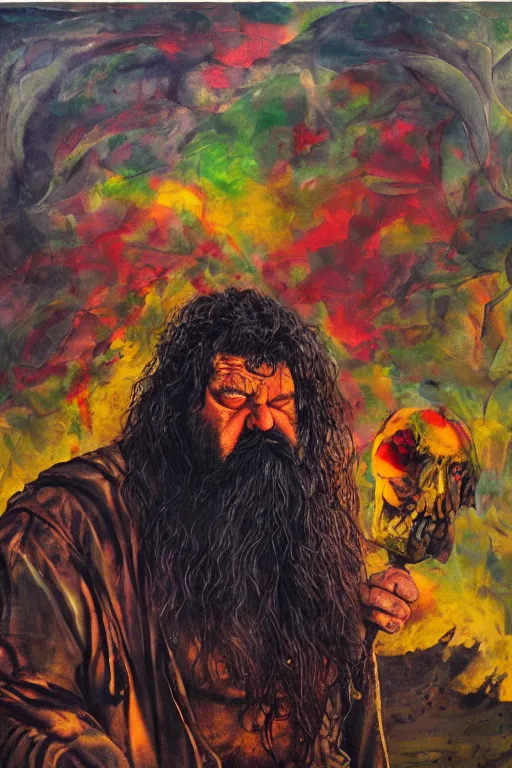 Image similar to surreal a hulking herculean hagrid in a post apocalyptic hellscape, esoteric symbolism, intense emotional power, red yellow black, palette knife oil painting by peter booth and william blake