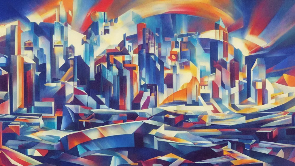 Prompt: a city in the clouds. futurism art style.