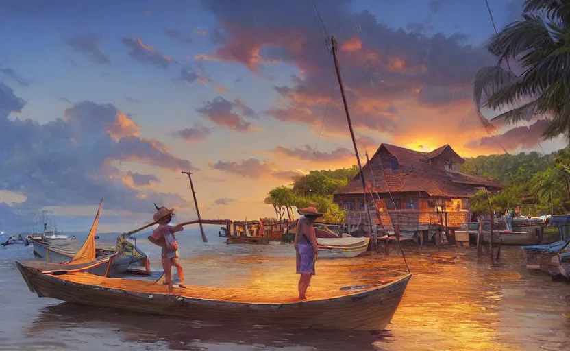 Image similar to a little fisher village on a tropical island, wood pier and houses, nets and boats, scenic view, sunset, matte painting by marc simonetti and rhads and donato giancola, trending on artstation