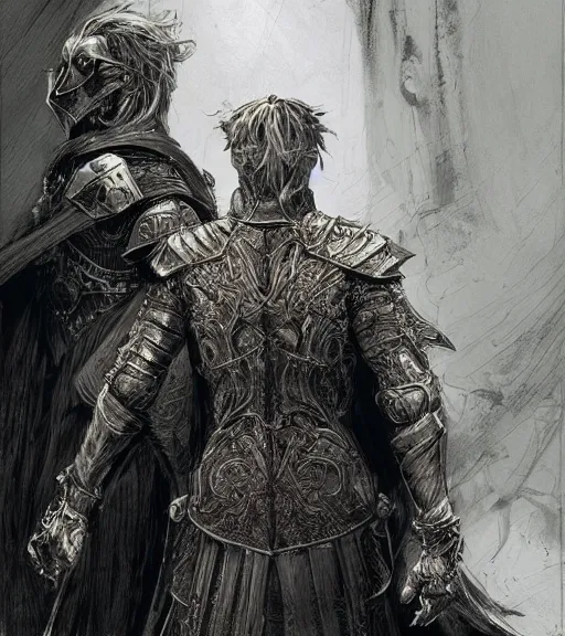 Prompt: long blond hair man in armor with another man with long blong hair tyed up with black robes, pen and ink, intricate line drawings, by craig mullins, ruan jia, kentaro miura, greg rutkowski, loundraw