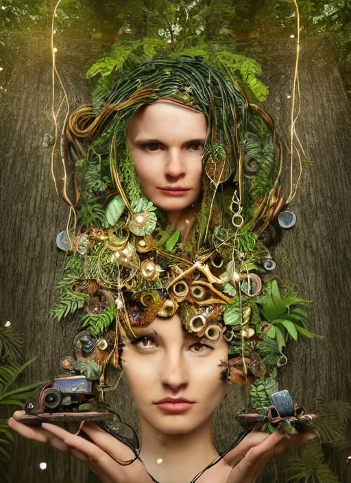 Prompt: goddess of technology in the forest, covered with plants and mushrooms, hair made of cords and wires, electricity, beautiful symmetrical face, steampunk, one head, a lot of jewellery, gold, earrings, gears - mystical forest - octane render, 8 k, cinematic light