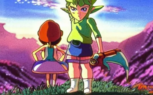 Prompt: full - color cinematic movie still from a 1 9 8 0 s studio ghibli anime featuring link with a fairy in the hyrule overworld fighting against an octorok and a moblin. legend of zelda anime.