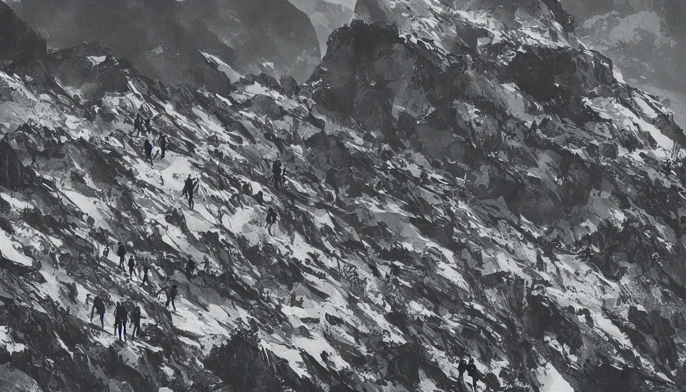 Prompt: a bunch of hikers going up a mountain, view from above, kilian eng, silhouettes