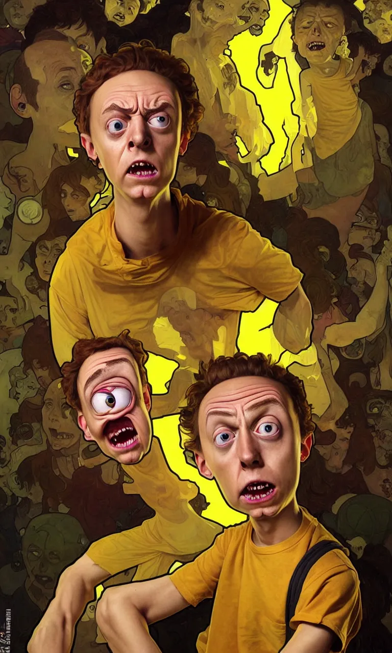 Image similar to hyper realistic grotesque portrait of an young dumb roundheaded morty, from rick and morty, worried, yellow t - shirt, portal in the background, by lee bermejo, alphonse mucha and greg rutkowski