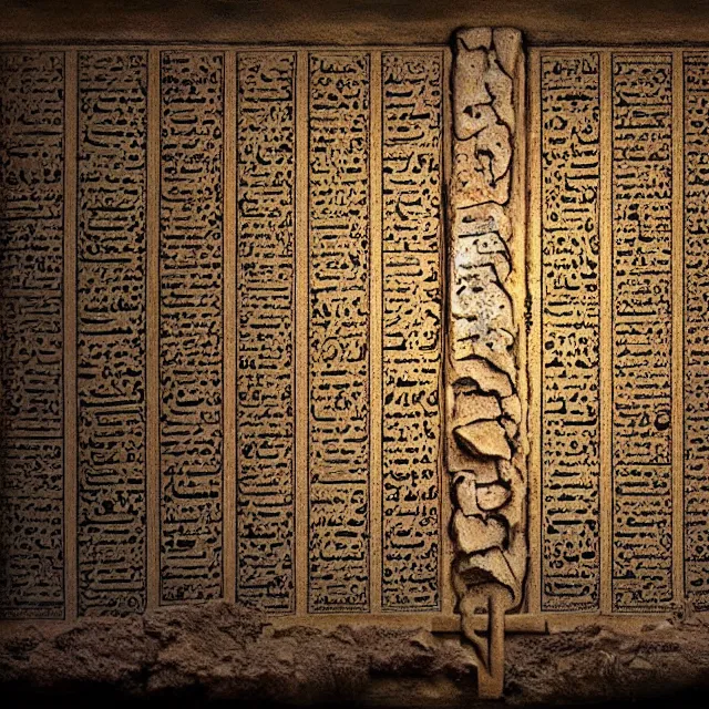 Prompt: ultra - realistic photo a partially - unrolled dead sea scroll with nabeatean aramaic in short sideways columns, dark, brooding, volume lighting, atmospheric lighting, painted, intricate, ultra detailed by dave dorman, well composed, best on artstation, cgsociety, epic, stunning, gorgeous, intricate detail, wow, masterpiece