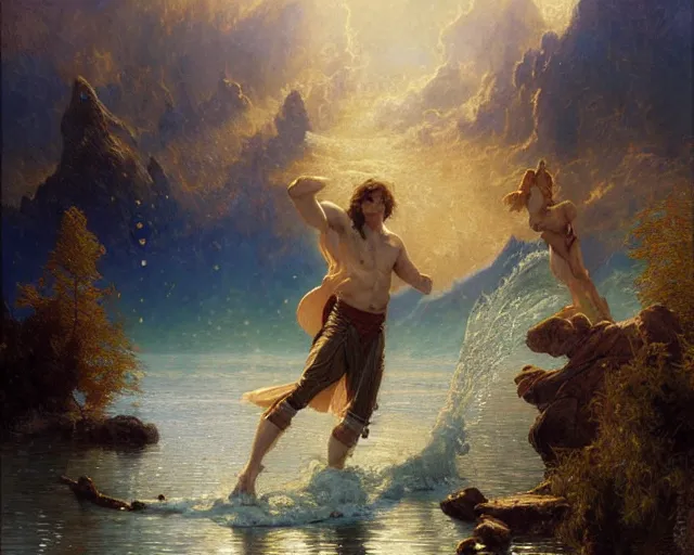 Image similar to attractive male wizard casting powerful tsunami wave spell in a beautiful lake. highly detailed painting by gaston bussiere, craig mullins, j. c. leyendecker 8 k