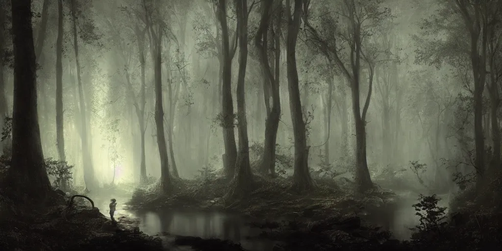 Prompt: [ a dark scene of a dense forest at night with a stream through it, moonlight through trees, volumetric light and mist, fog ], andreas achenbach, artgerm, mikko lagerstedt, zack snyder, tokujin yoshioka
