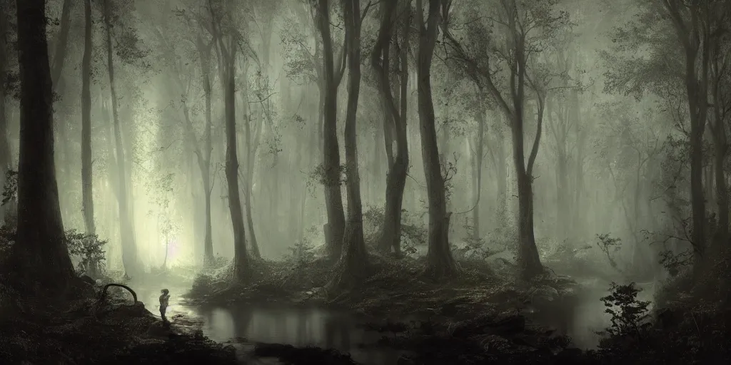 amazing landscape photo of a dark forest with lake by