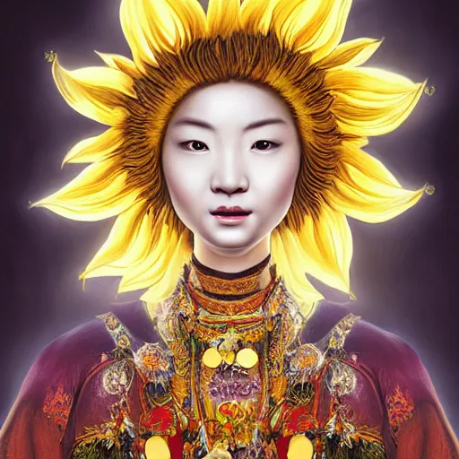 Image similar to Portrait of the Sunflower Goddess, a Chinese female deity that brings joy and light onto the world. Headshot, insanely nice professional hair style, dramatic hair color, digital painting, of a old 17th century, amber jewels, baroque, ornate clothing, scifi, realistic, hyperdetailed, chiaroscuro, concept art, art by Franz Hals and Jon Foster and Ayami Kojima and Amano and Karol Bak,