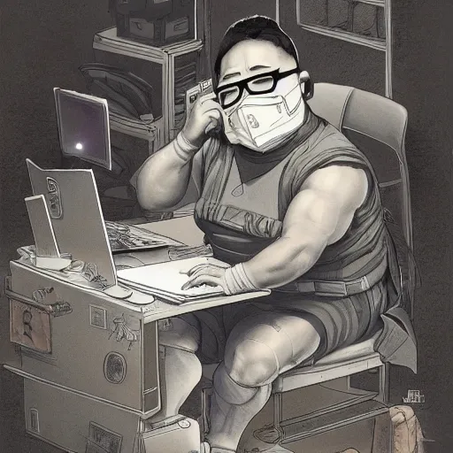 Image similar to an insanely detailed painting of a chubby nerdy asian man wearing a homemade superhero costume and mask, sitting at a computer desk typing on the keyboard, in the style of peter mohrbacher, dramatic lighting and composition, trending on artstation, concept art, comic book, graphic novel, back view