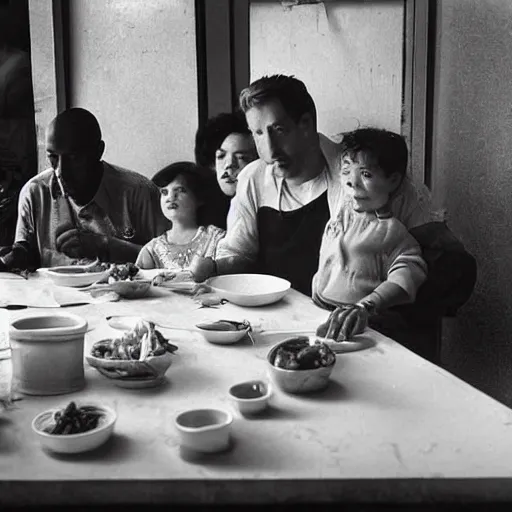 Prompt: black and white photograph of family at table by Eugene Richards