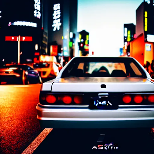 Image similar to a car Nissan Silvia at illegal car meet, Shibuya prefecture, city sunset, cinematic color, photorealistic, highly detailed, 200MM