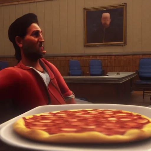 Prompt: gopro footage of a hotdog man eating a slice of pizza in a court room, iso 2 0 0, depth of field, cinematic, volumetric lighting, by red dead redemption 2