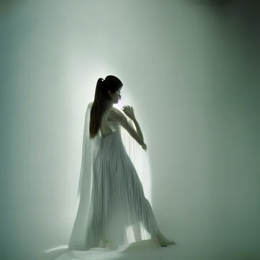 Image similar to kodak portra 4 0 0 long exposure photo portrait of a beautiful woman, dreaming in style of antoine d'agata, dressed a long white, elegant, highly detailed, sharp focus, octane render, ethereal, otherworldly colors, atmospheric, soft light, dreamy, volumetric lighting unreal engine, epic fantasy