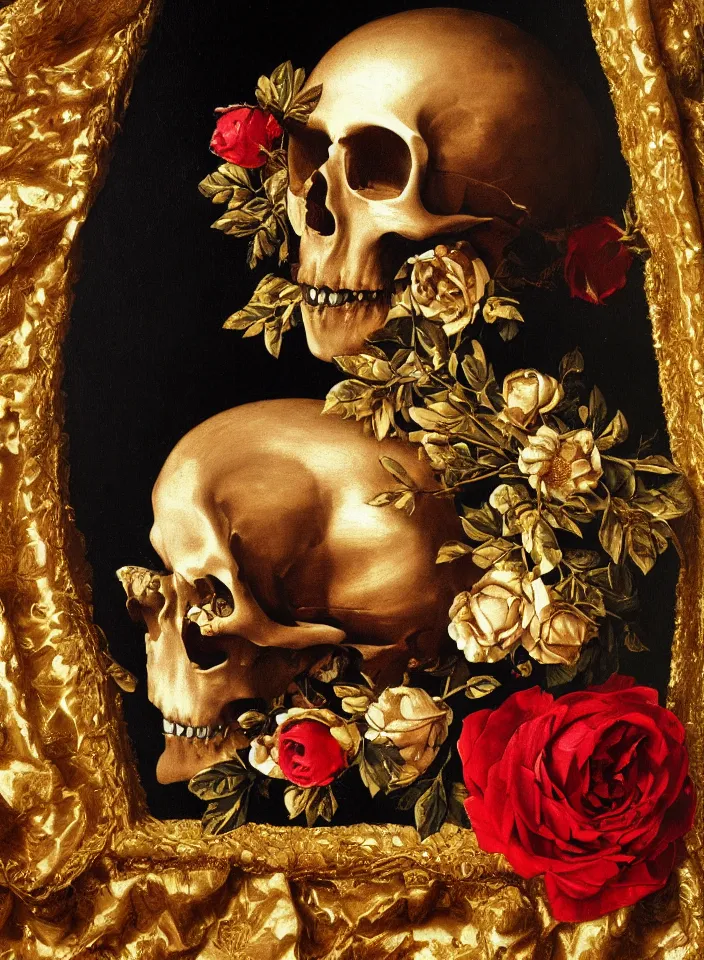 Prompt: portrait of a golden skull with a wreath of roses and a dress of rose petals, oil painting in a renaissance style , very detailed, painted by Caravaggio.