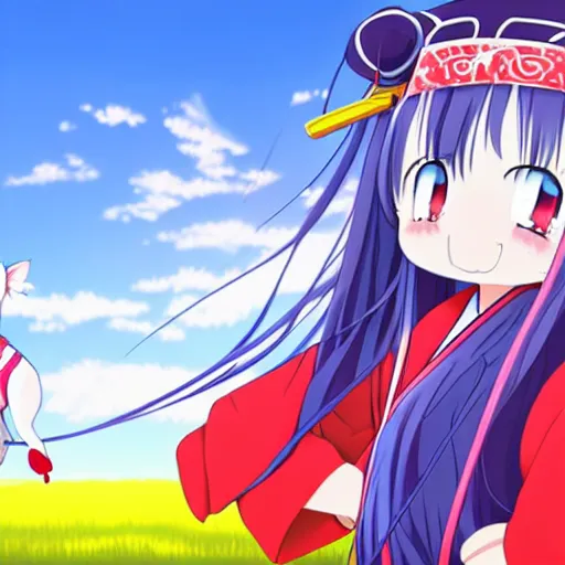 Prompt: A cute little anime girl with long blue hair, wearing a red shrine maiden uniform, in a large grassy green field, petting a cat, golden hour, detailed purple anime eyes