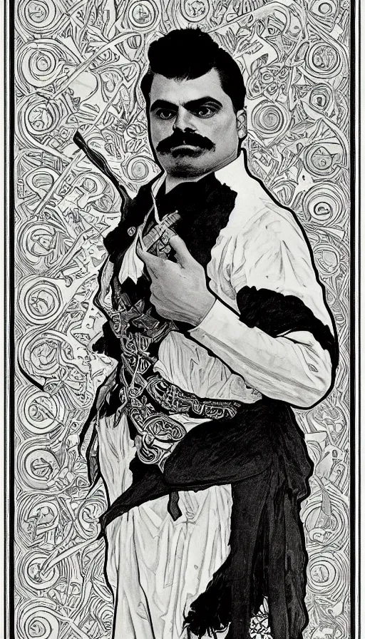 Image similar to portrait of emiliano zapata by alphonse mucha, james jean, manuel sanjulian, sharp focus, illustration