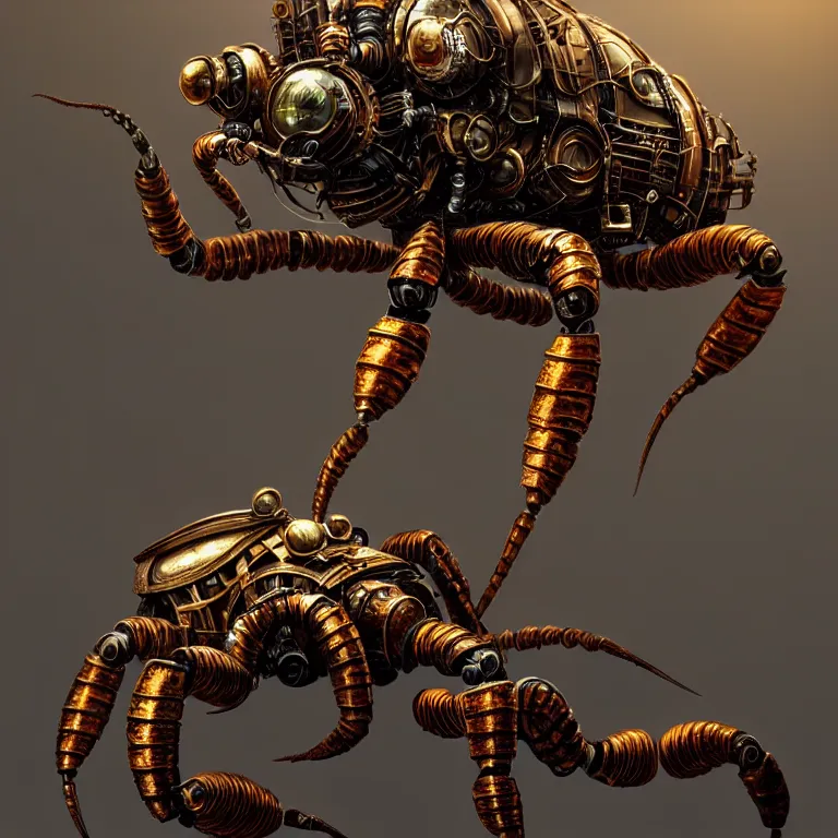 Image similar to steampunk robot scorpion, 3 d model, unreal engine realistic render, 8 k, micro detail, intricate, elegant, highly detailed, centered, digital painting, artstation, smooth, sharp focus, illustration, tomasz alen kopera, wlop