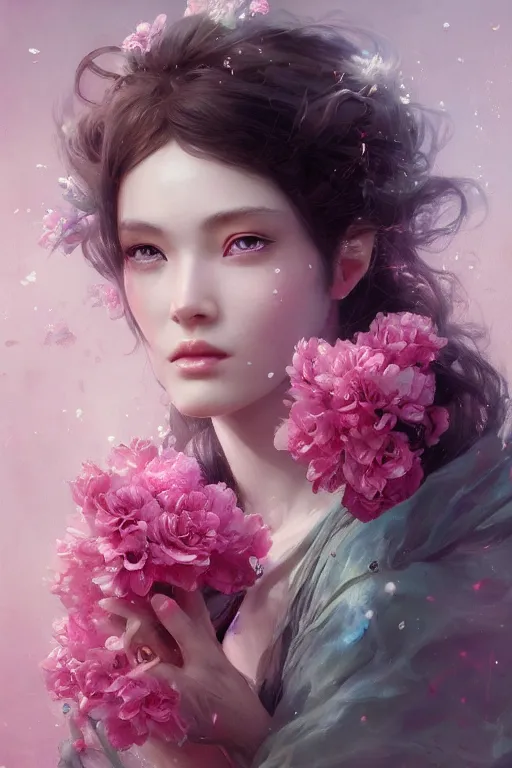 Image similar to face closeup beautiful girl with diamond skin, 3 d render, holding pink flowers, hyper realistic detailed portrait, ruan jia, wlop, fantasy, hyper detailed, octane render, concept art, ornaments, mucha vibe, dieselpunk, solarpunk, artstation, peter mohrbacher